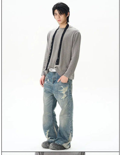 Washed Double-Waist Ripped Jeans Korean Street Fashion Jeans By 77Flight Shop Online at OH Vault