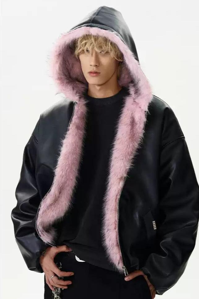 Fur Trimmed PU Leather Jacket Korean Street Fashion Jacket By A PUEE Shop Online at OH Vault