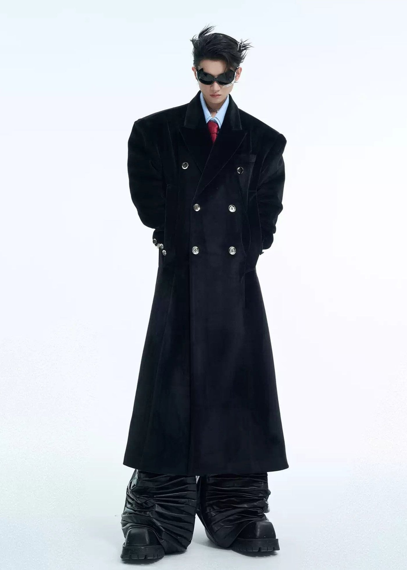 Double Breasted Velvet Textured Overcoat Korean Street Fashion Long Coat By Argue Culture Shop Online at OH Vault