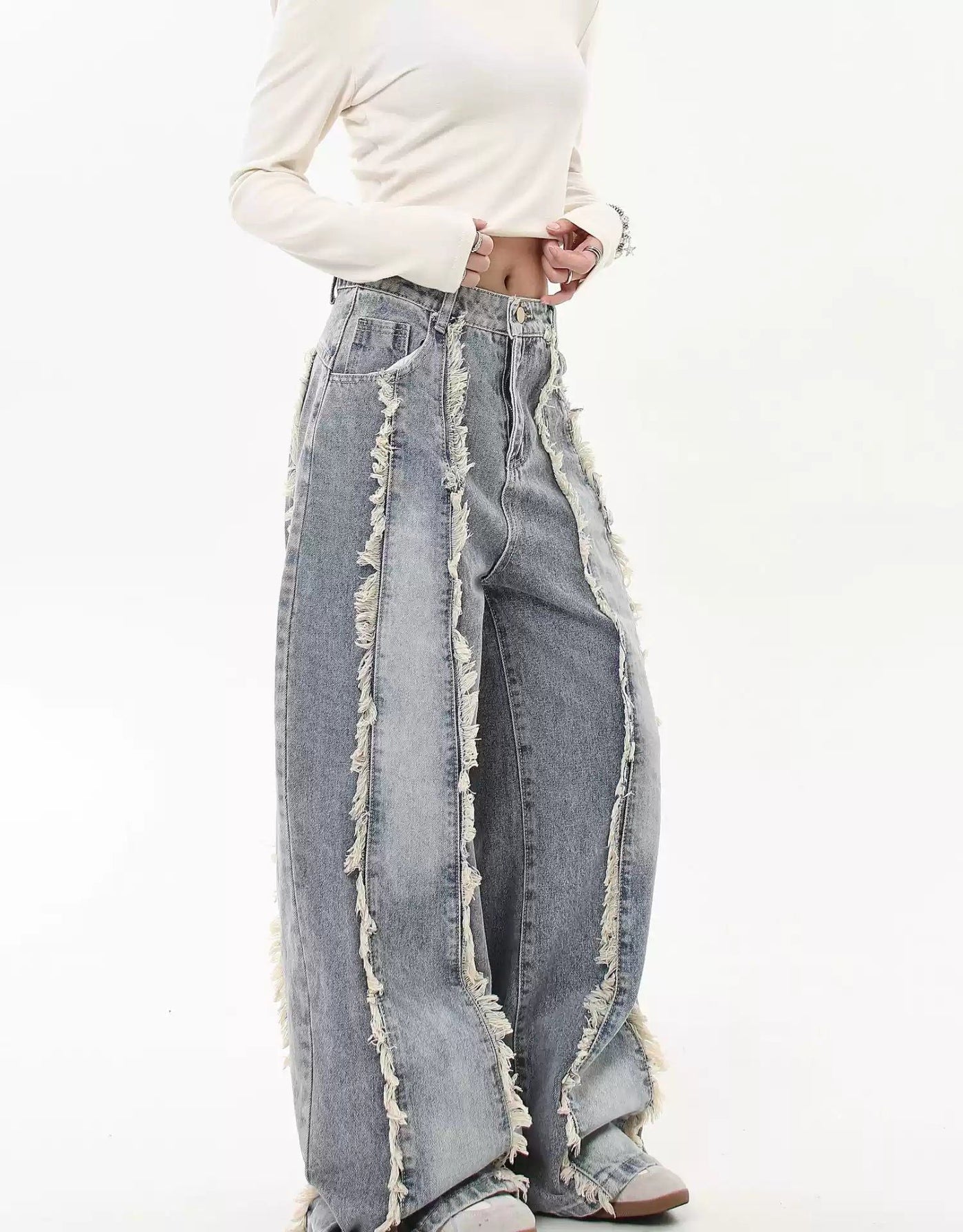 Faded and Distressed Tassel Jeans Korean Street Fashion Jeans By Blacklists Shop Online at OH Vault