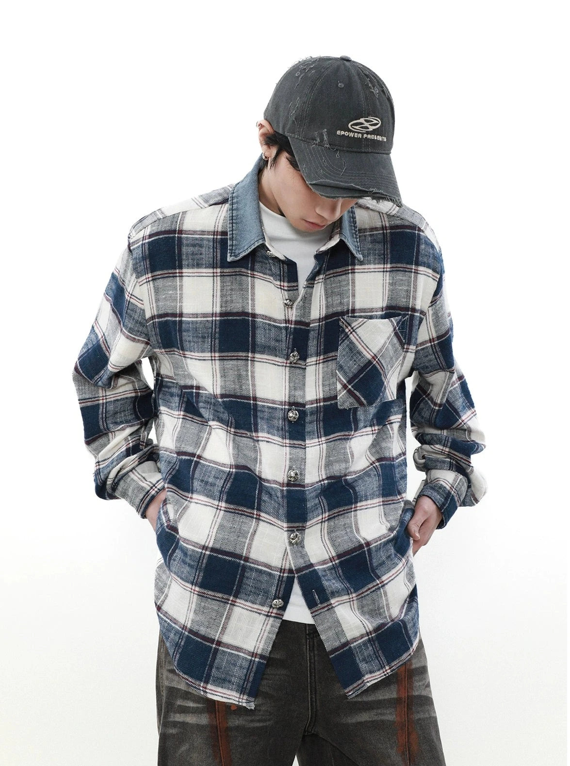 Denim Collar Plaid Shirt Korean Street Fashion Shirt By Mr Nearly Shop Online at OH Vault