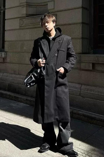 Double Breasted Lapel Long Coat Korean Street Fashion Long Coat By Dark Fog Shop Online at OH Vault