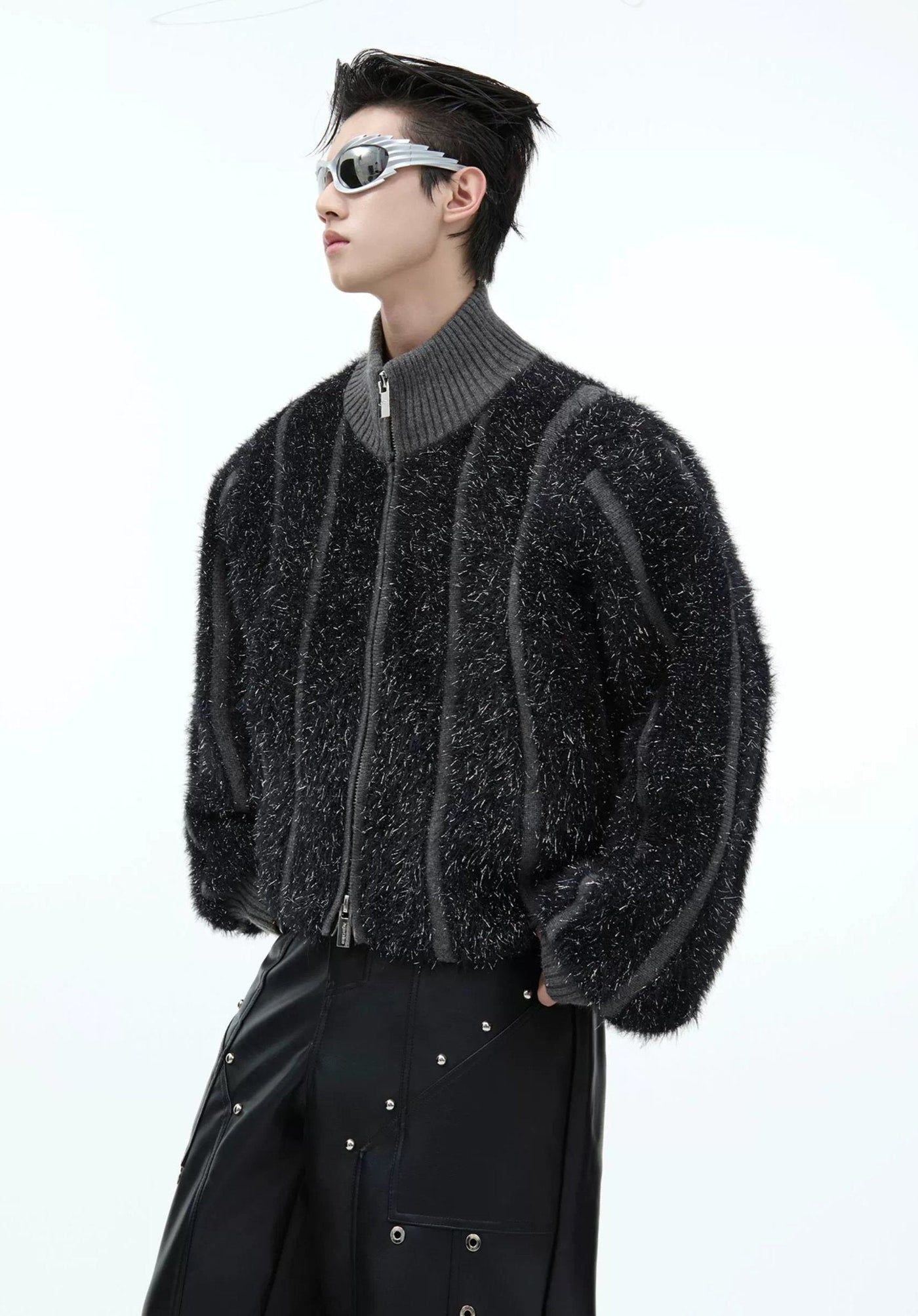 Patterned Fuzzy Zipped Sweater Korean Street Fashion Sweater By Argue Culture Shop Online at OH Vault