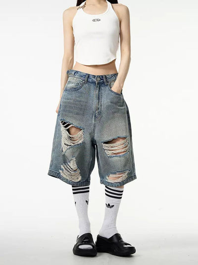 Distressed Knee Denim Shorts Korean Street Fashion Shorts By 77Flight Shop Online at OH Vault