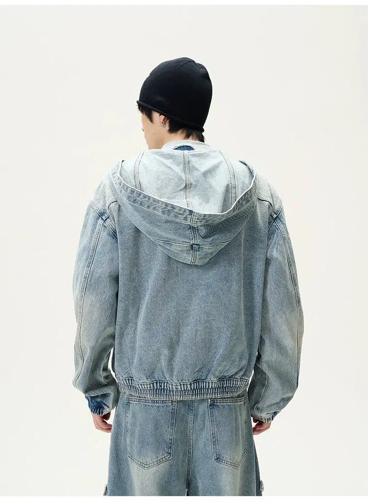 Light Washed Hooded Denim Jacket & Wide Leg Jeans Set Korean Street Fashion Clothing Set By 77Flight Shop Online at OH Vault