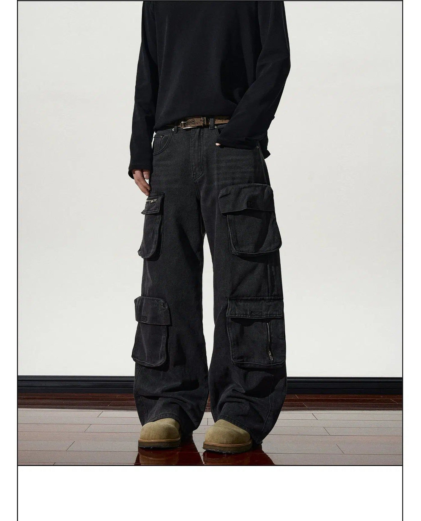 Whiskered Multi-Pocket Cargo Jeans Korean Street Fashion Jeans By A PUEE Shop Online at OH Vault