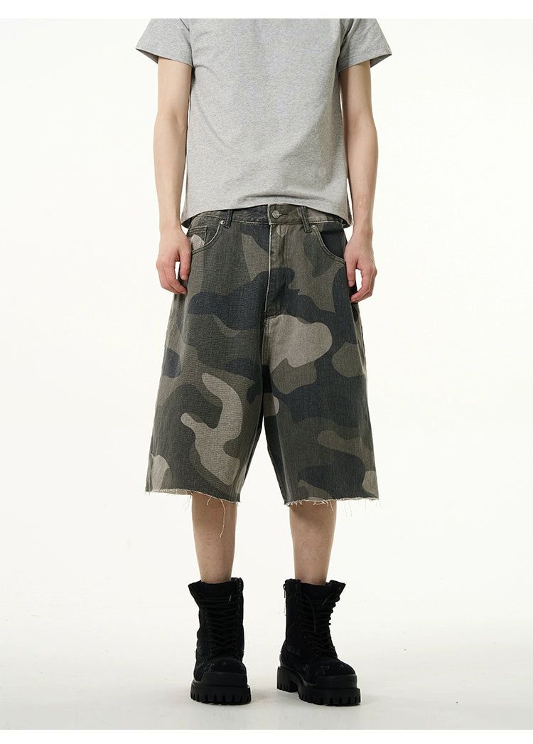 Camo Raw Edge Denim Shorts Korean Street Fashion Shorts By 77Flight Shop Online at OH Vault