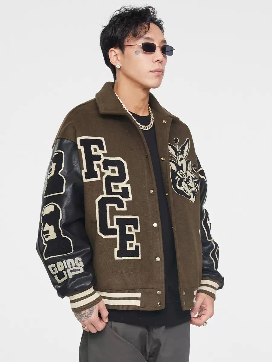 Spliced Leather Varsity Jacket Korean Street Fashion Jacket By Face2Face Shop Online at OH Vault