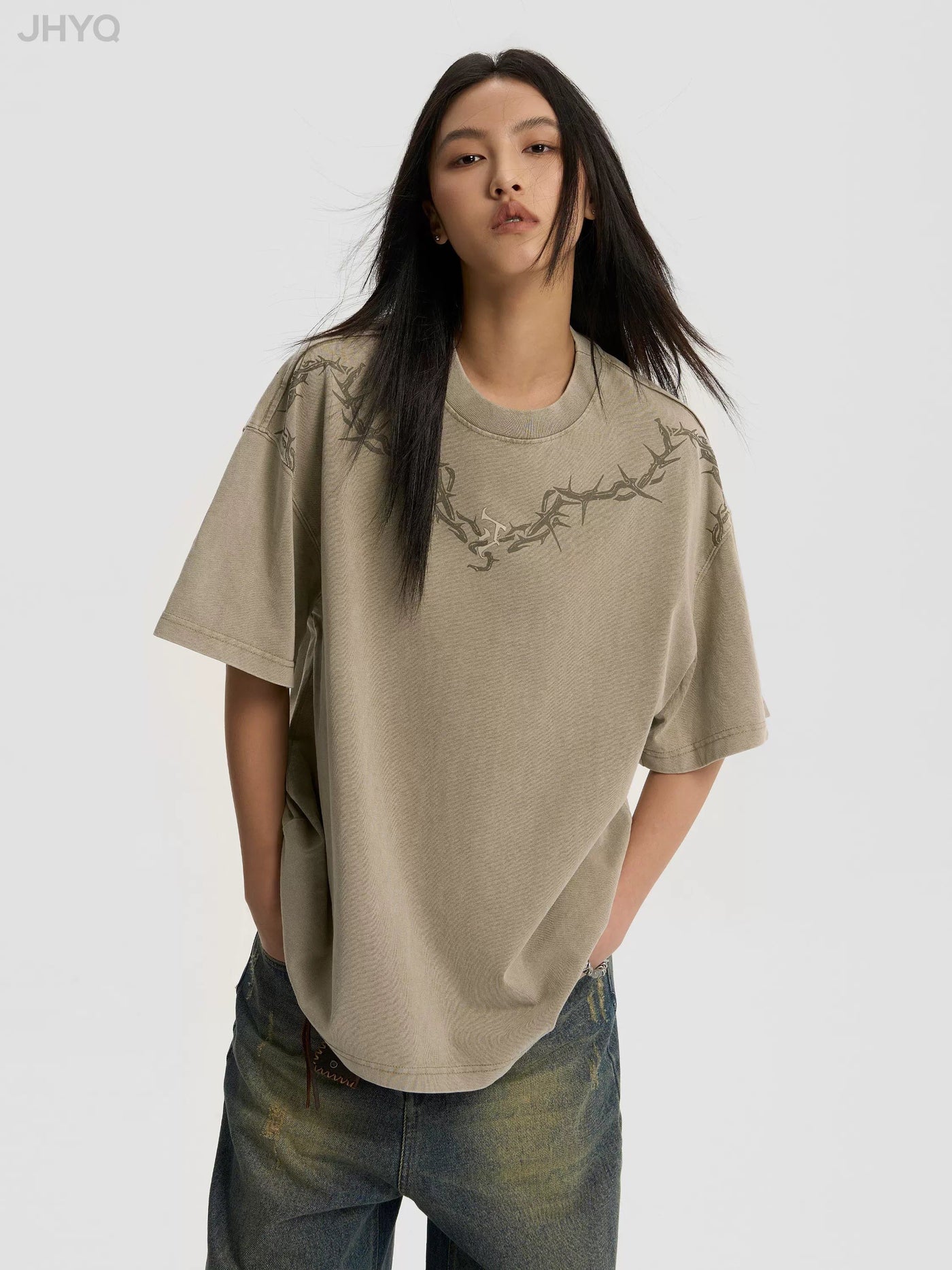 Thorn Outline Detail T-Shirt Korean Street Fashion T-Shirt By JHYQ Shop Online at OH Vault