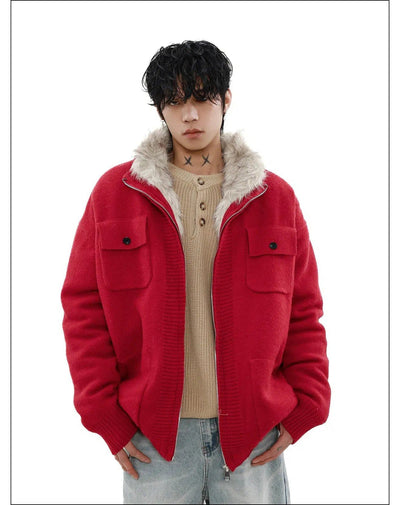 Fur Trimmed Flap Pocket Knit Jacket Korean Street Fashion Jacket By Mr Nearly Shop Online at OH Vault