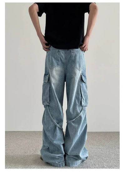 Strappy Pleated Cargo Jeans Korean Street Fashion Jeans By A PUEE Shop Online at OH Vault