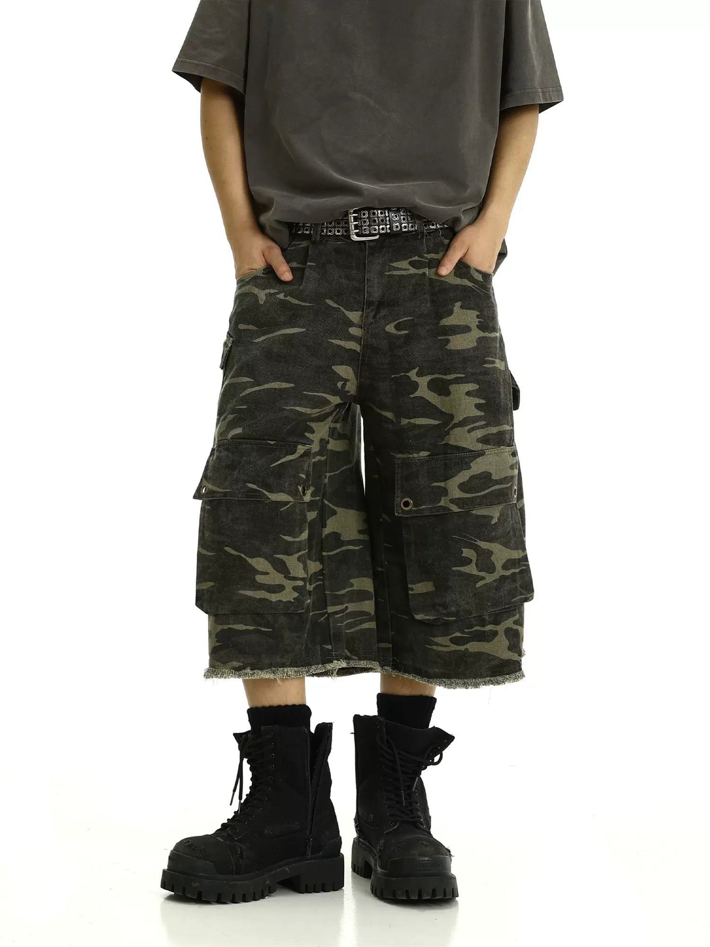 Camouflage Frayed Denim Shorts Korean Street Fashion Shorts By MEBXX Shop Online at OH Vault