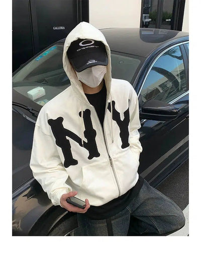 NY Patched Zip-Up Hoodie Korean Street Fashion Hoodie By Poikilotherm Shop Online at OH Vault