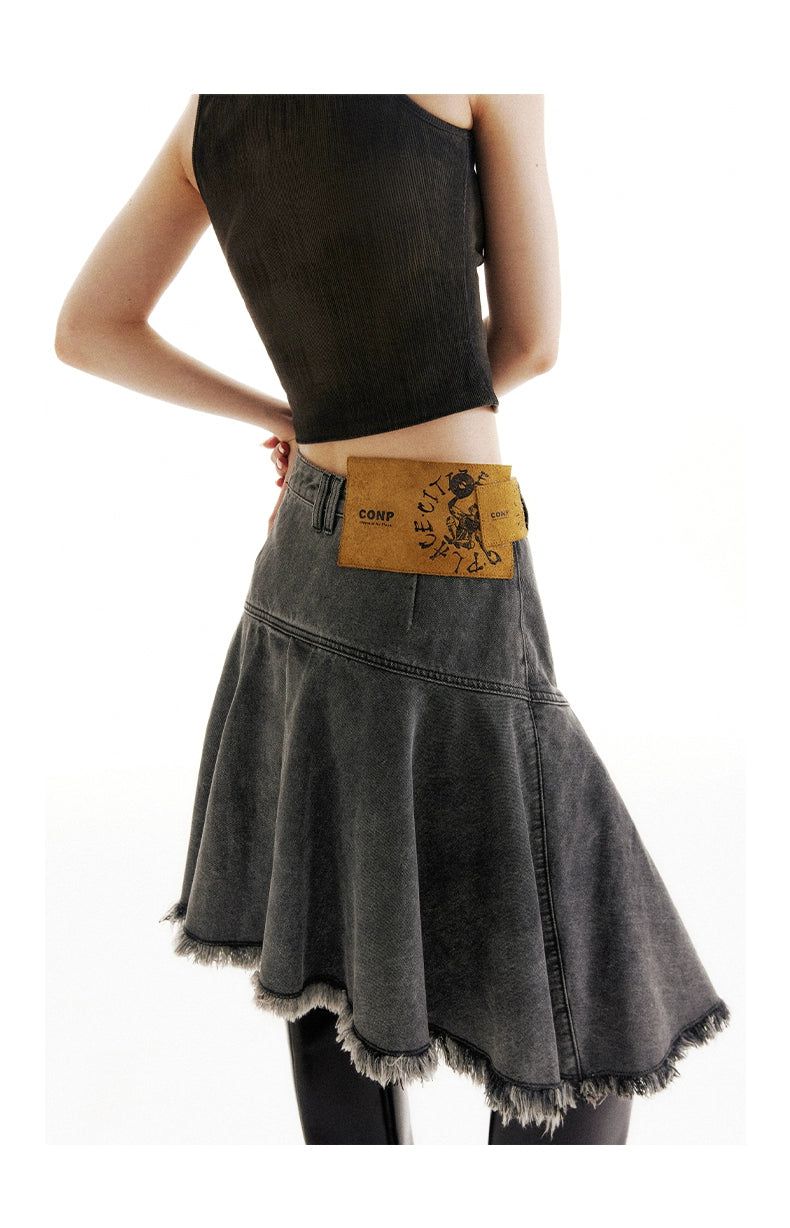 Asymmetric Frayed Hem Denim Skirt Korean Street Fashion Skirt By Conp Conp Shop Online at OH Vault