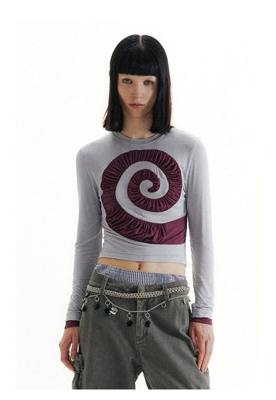 Swirl Stitched Cropped Long Sleeve T-Shirt Korean Street Fashion T-Shirt By Conp Conp Shop Online at OH Vault