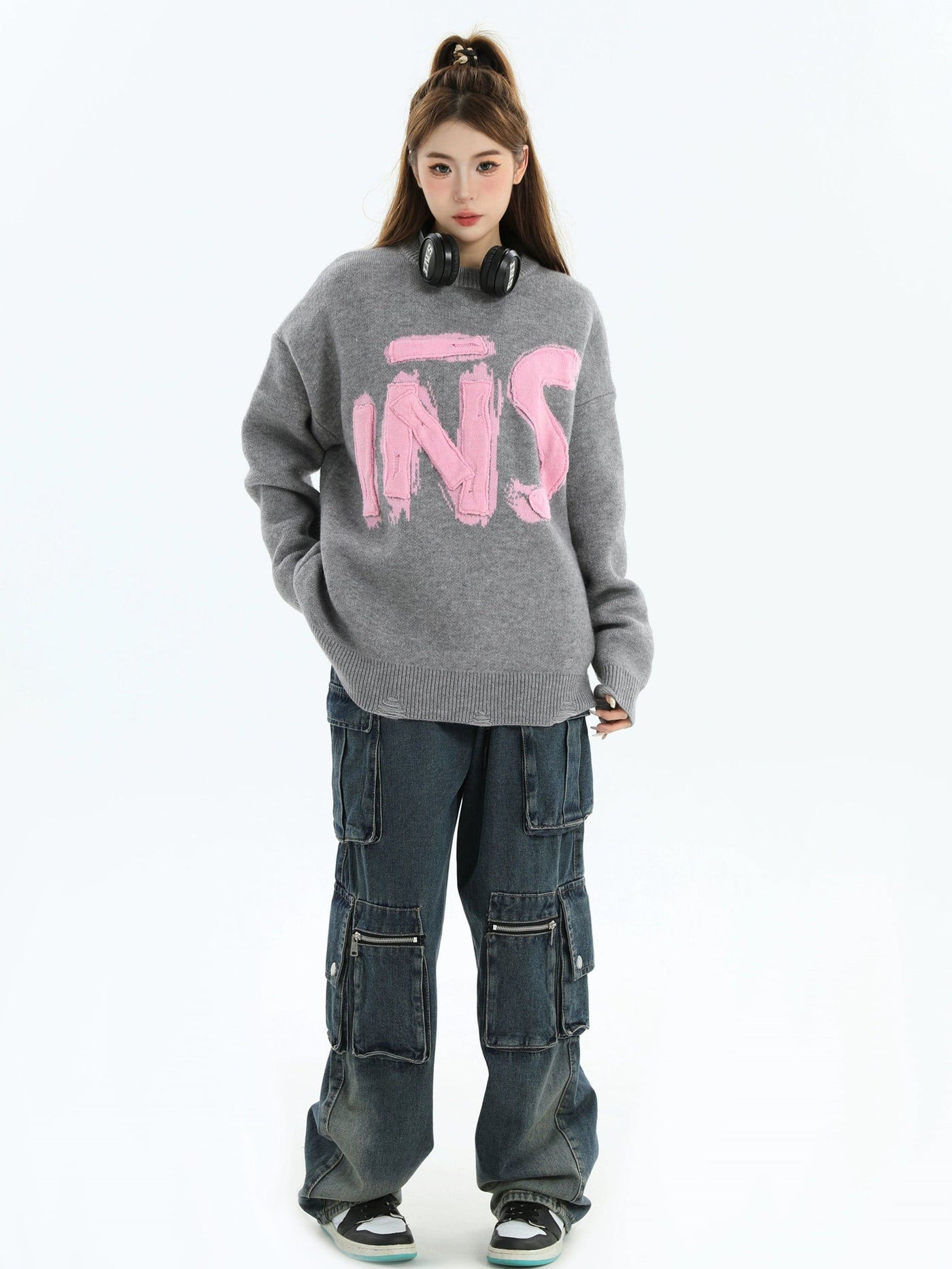 Smudged Logo Patched Sweater Korean Street Fashion Sweater By INS Korea Shop Online at OH Vault