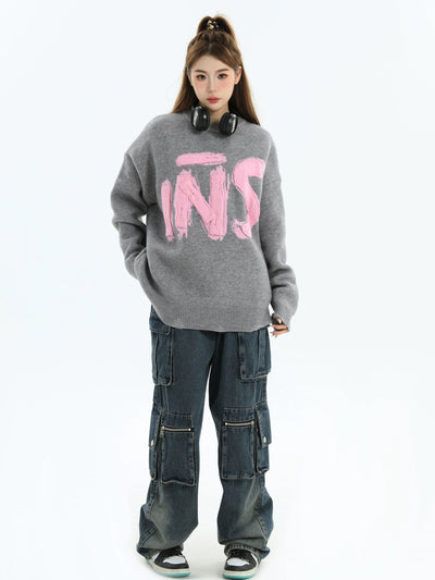 Smudged Logo Patched Sweater Korean Street Fashion Sweater By INS Korea Shop Online at OH Vault