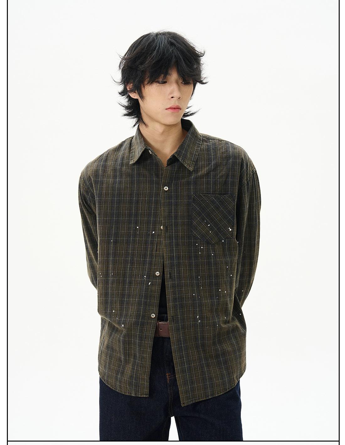 Plaid Paint-Splashed Shirt Korean Street Fashion Shirt By 77Flight Shop Online at OH Vault