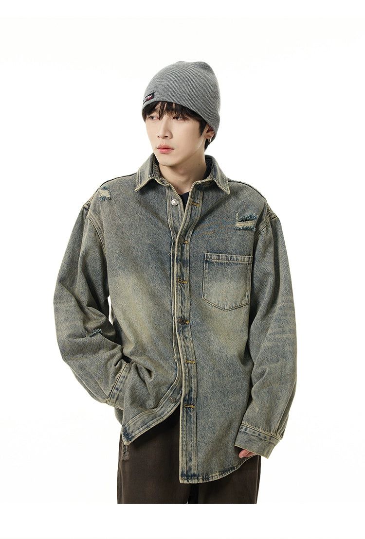 Faded & Distressed Denim Jacket Korean Street Fashion Jacket By 77Flight Shop Online at OH Vault