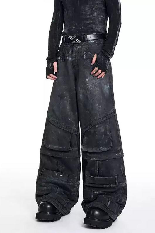 Splatters and Washed Cargo Jeans Korean Street Fashion Jeans By Slim Black Shop Online at OH Vault