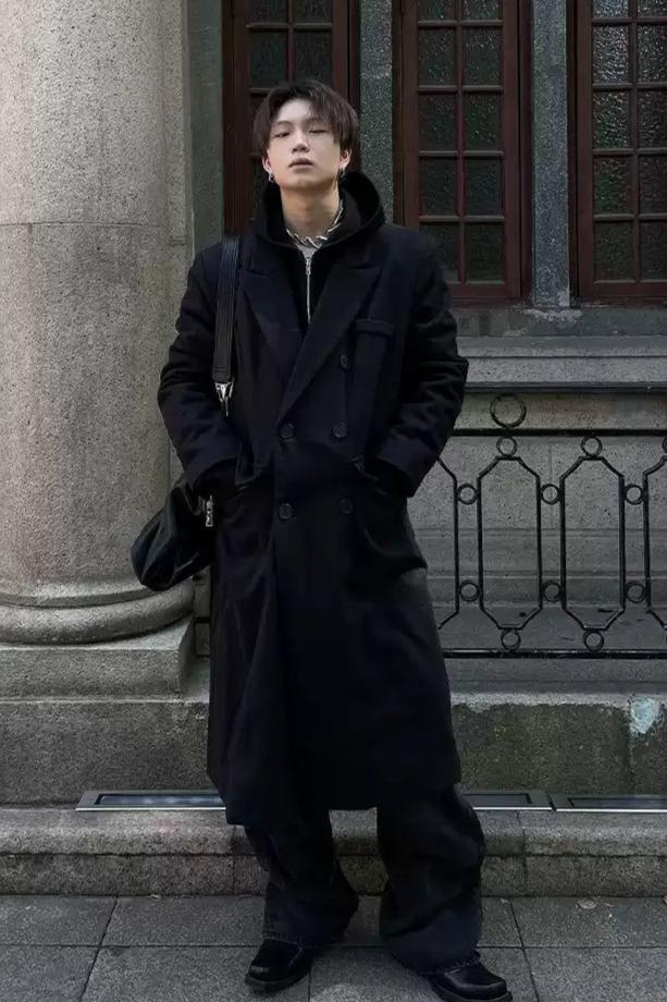 Double Breasted Lapel Long Coat Korean Street Fashion Long Coat By Dark Fog Shop Online at OH Vault