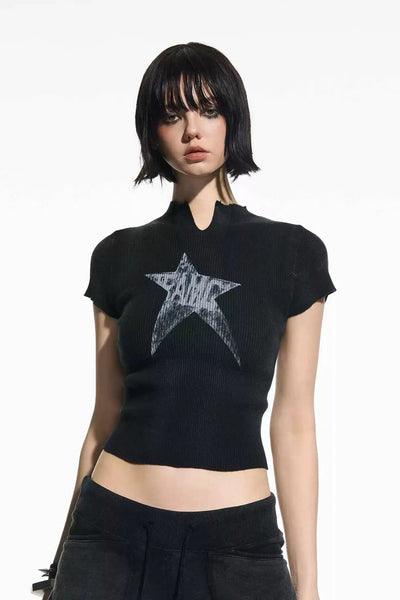 Ribbed Grunge Star T-Shirt Korean Street Fashion T-Shirt By Team Geek Shop Online at OH Vault