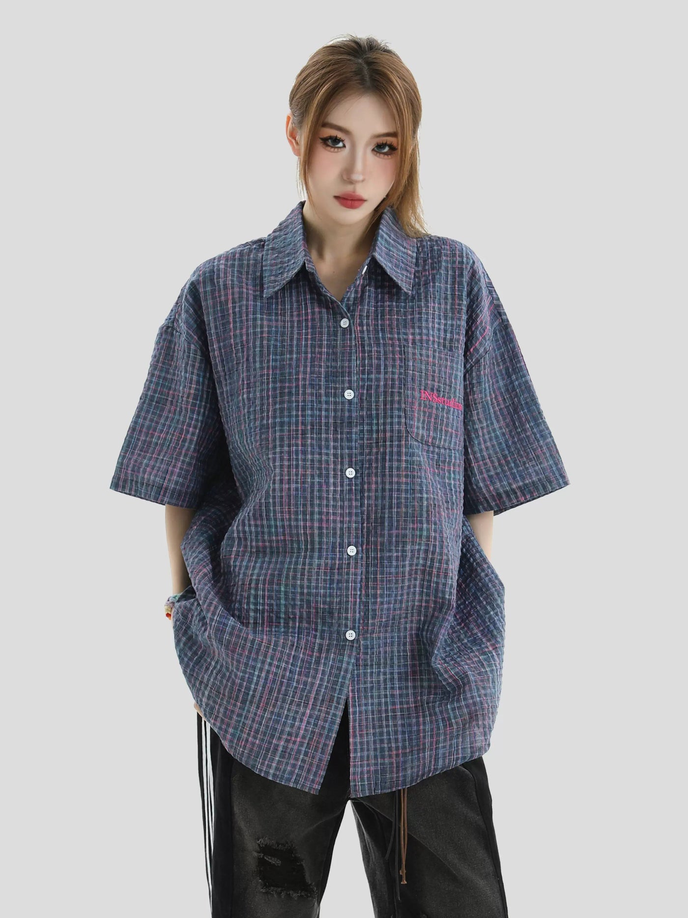 Micro Plaid Textured Shirt Korean Street Fashion Shirt By INS Korea Shop Online at OH Vault