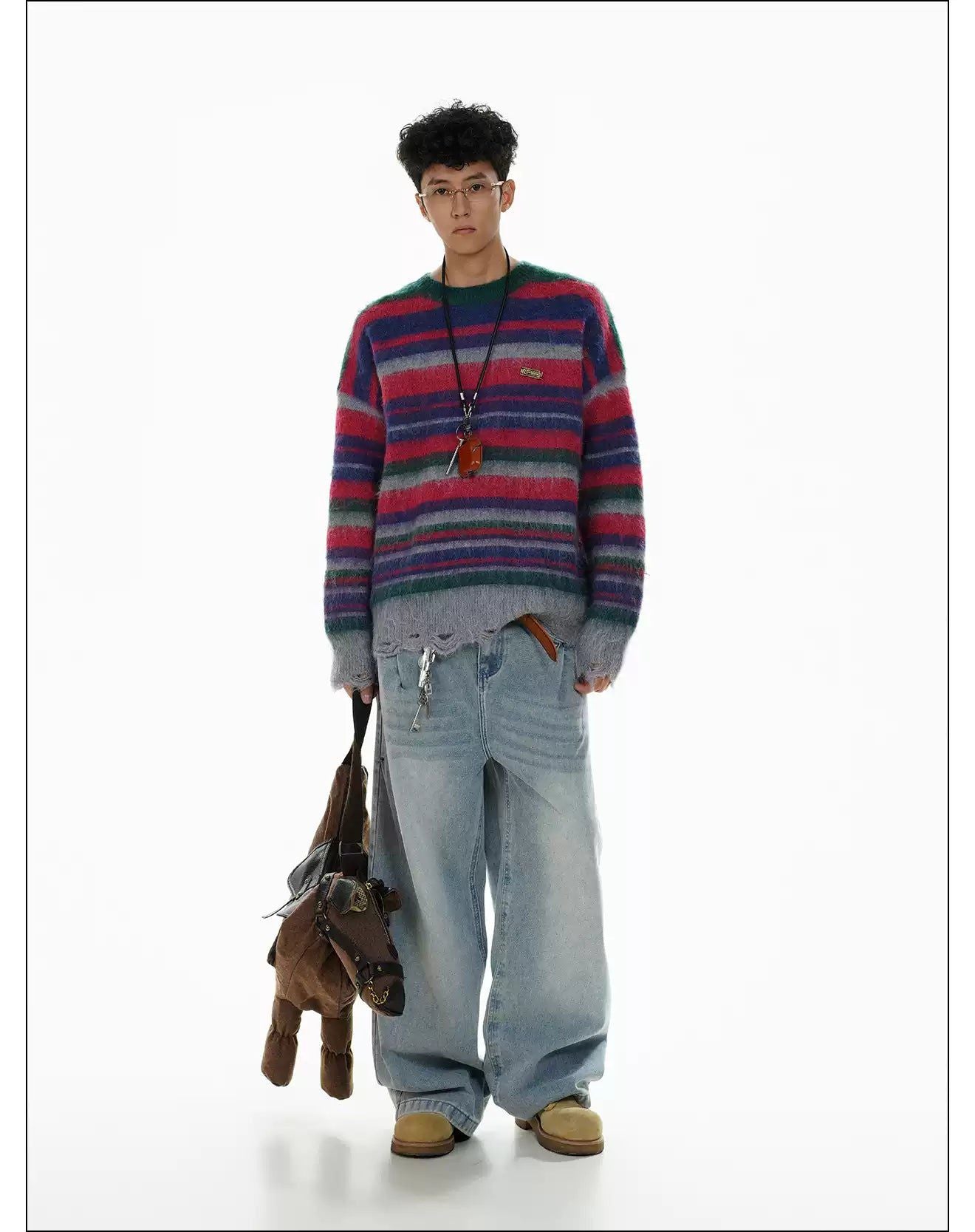 Striped Fuzzy Pullover Sweater Korean Street Fashion Sweater By Mr Nearly Shop Online at OH Vault