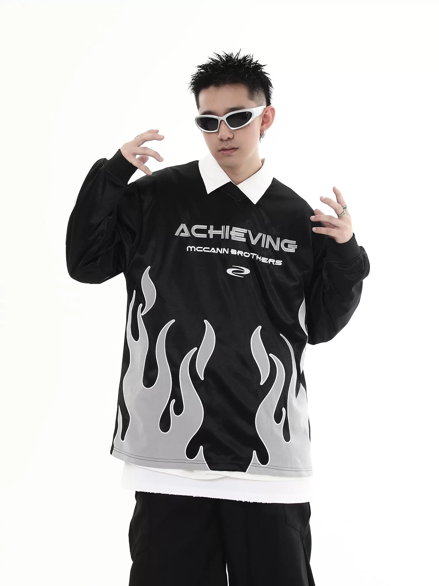 Flame Style Shiny Long Sleeve T-Shirt Korean Street Fashion T-Shirt By Blacklists Shop Online at OH Vault