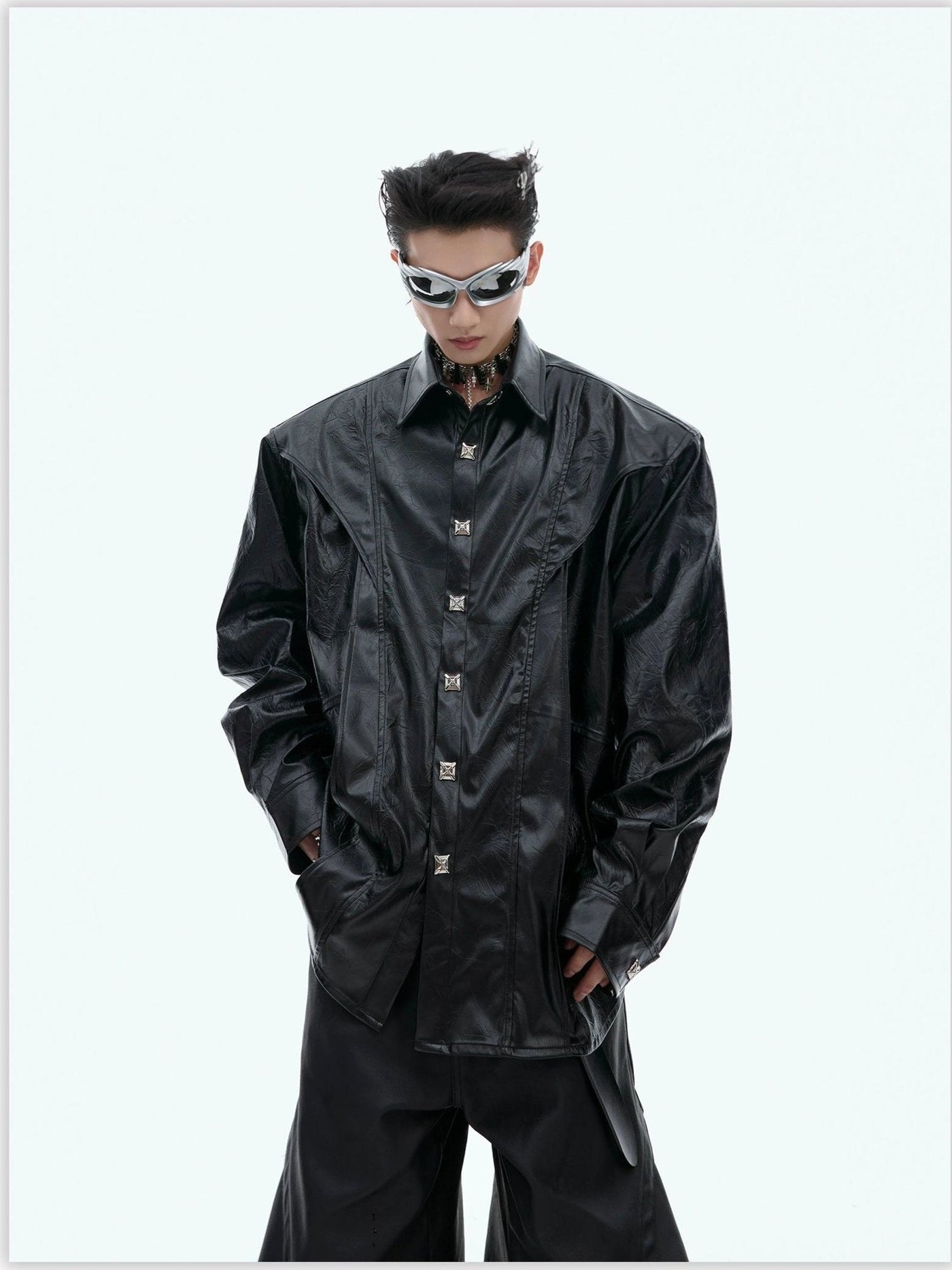 Structured Coated PU Leather Shirt Korean Street Fashion Shirt By Argue Culture Shop Online at OH Vault