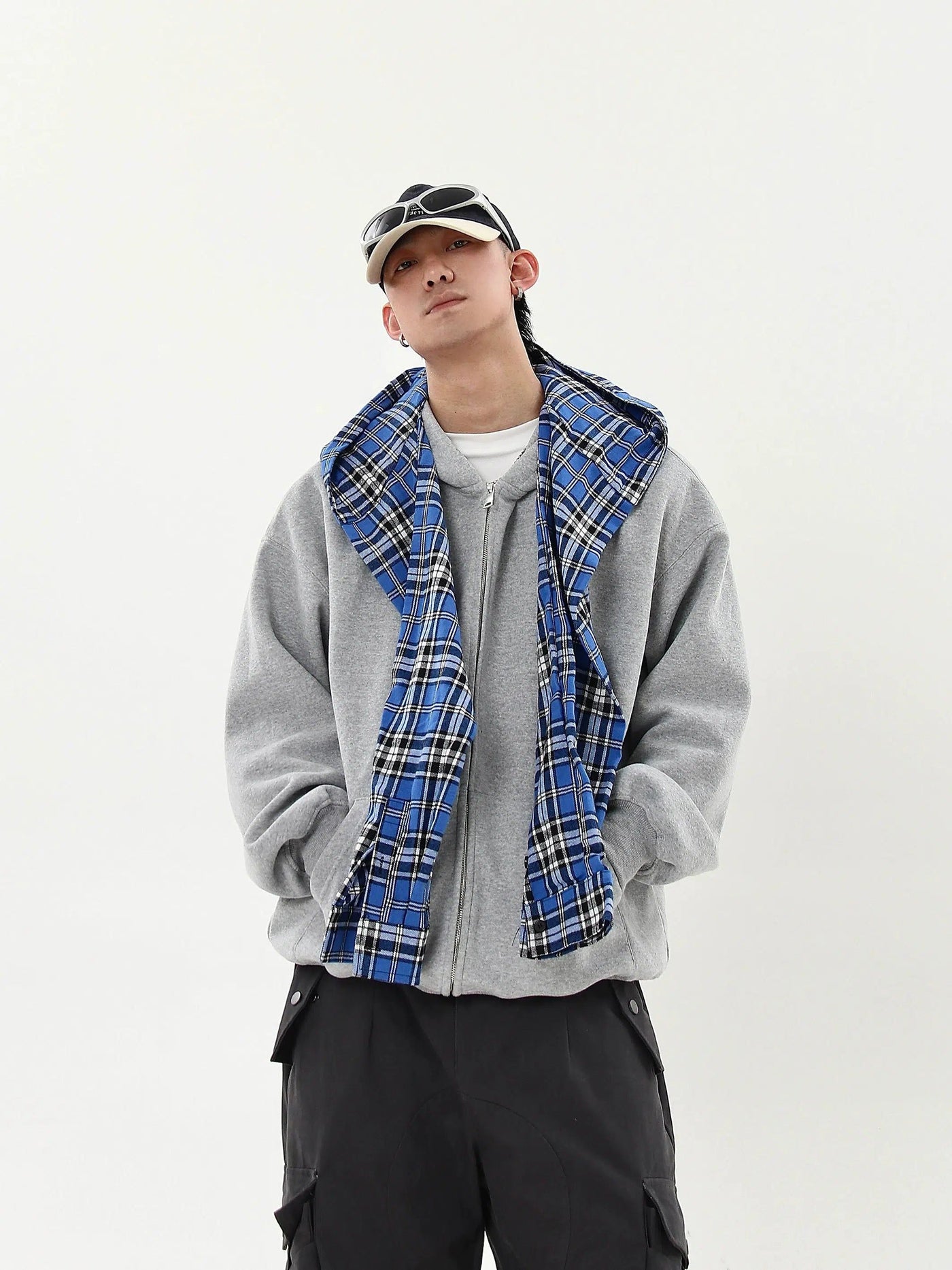 Plaid Layered Zip-Up Hoodie Korean Street Fashion Hoodie By Blacklists Shop Online at OH Vault