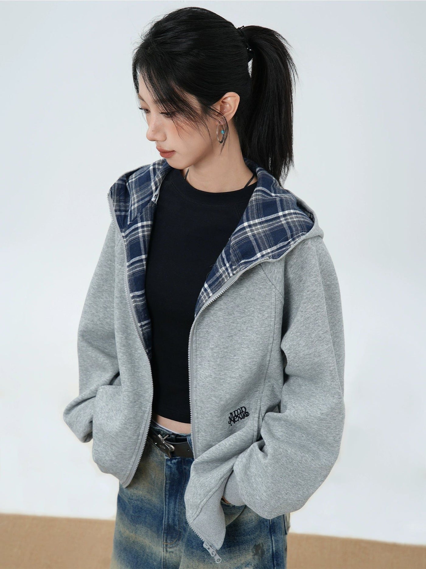 Zipped Inside Plaid Hoodie Korean Street Fashion Hoodie By Jump Next Shop Online at OH Vault