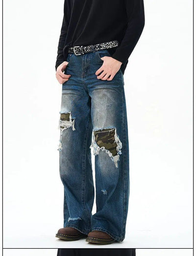 Distressed Camo Patched Jeans Korean Street Fashion Jeans By 77Flight Shop Online at OH Vault