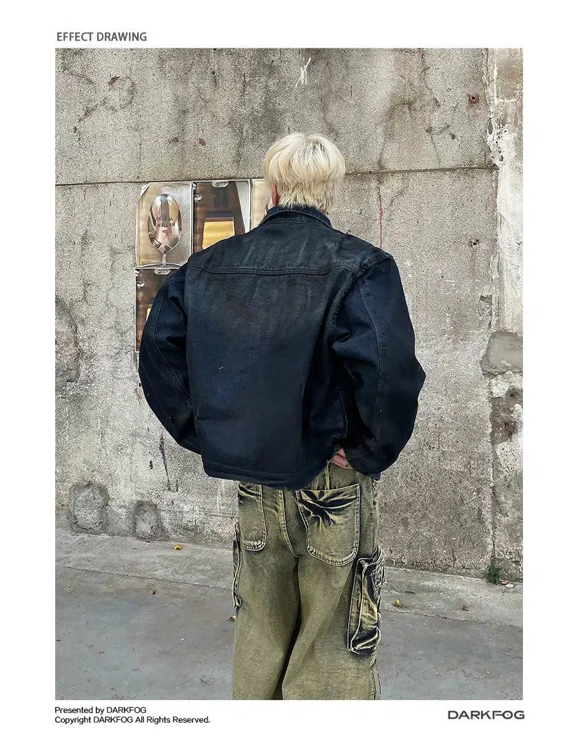 Charcoal-Dye Buttoned Denim Jacket Korean Street Fashion Jacket By Dark Fog Shop Online at OH Vault