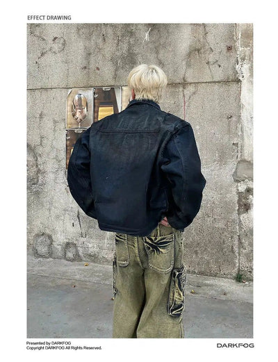 Charcoal-Dye Buttoned Denim Jacket Korean Street Fashion Jacket By Dark Fog Shop Online at OH Vault