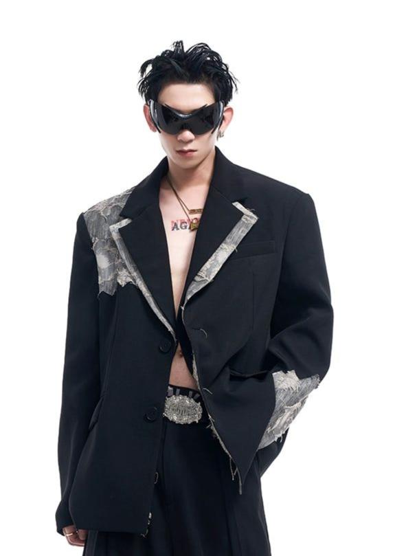 Lace Stitched Double-Breasted Blazer & Wide Leg Trousers Set Korean Street Fashion Clothing Set By Slim Black Shop Online at OH Vault