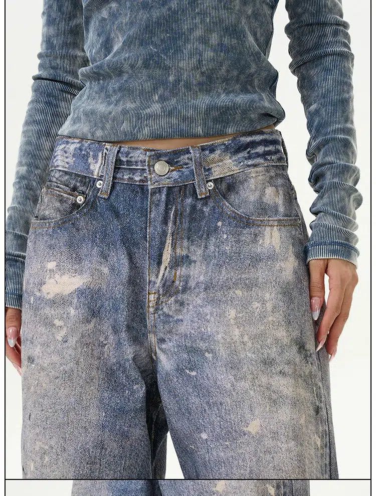 Paint Stained Wide Jeans Korean Street Fashion Jeans By 77Flight Shop Online at OH Vault