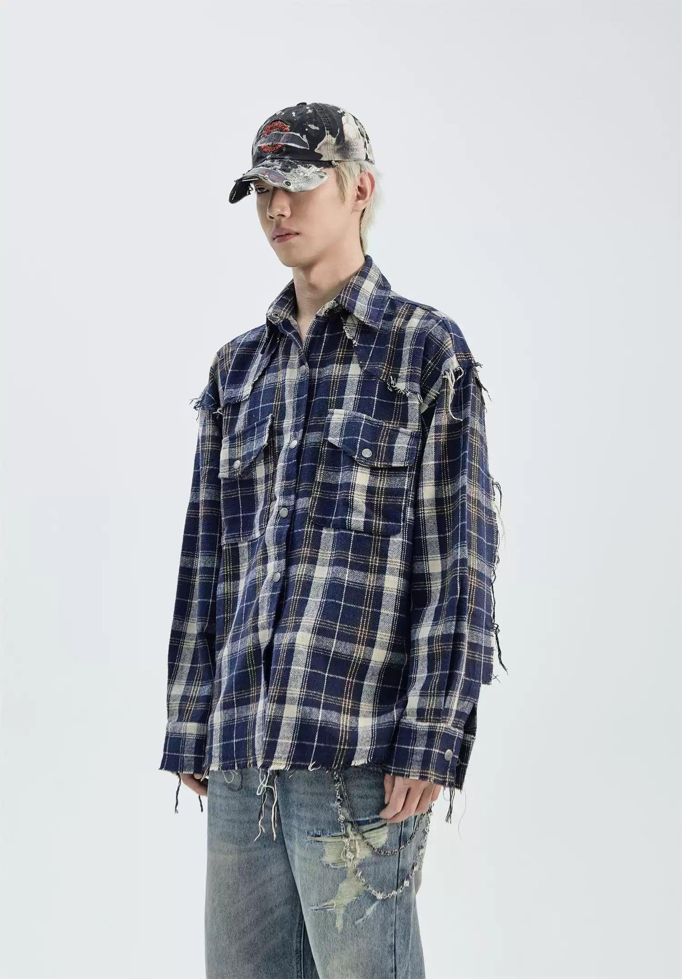 Flap Pocket Fringed Plaid Shirt Korean Street Fashion Shirt By Ash Dark Shop Online at OH Vault