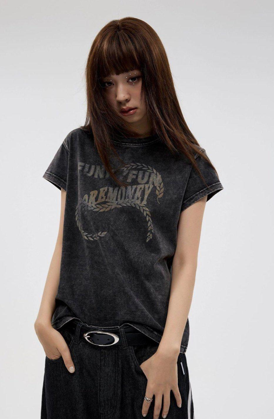 Washed Text Print T-Shirt Korean Street Fashion T-Shirt By Funky Fun Shop Online at OH Vault