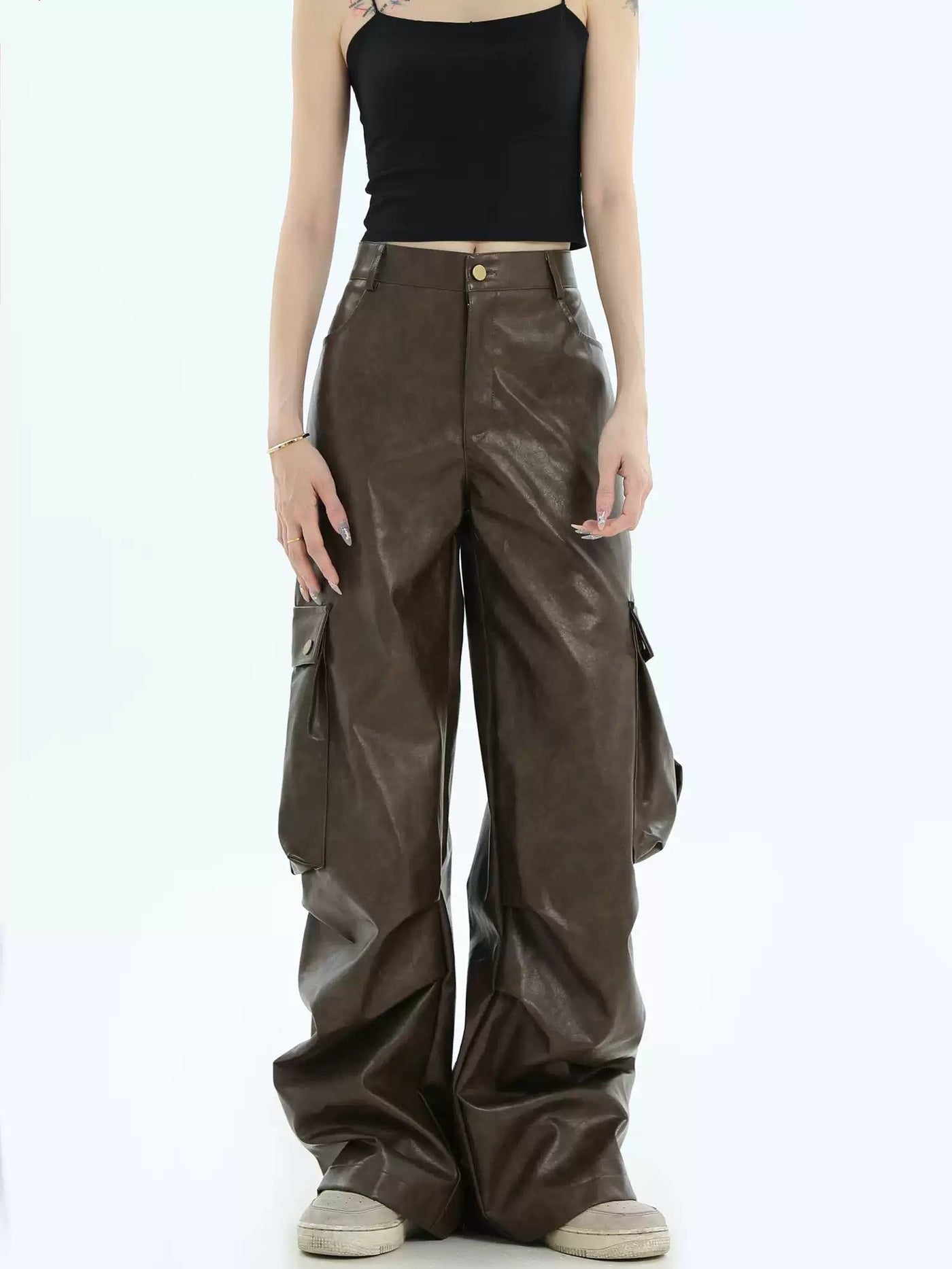 Wide Pocket PU Leather Cargo Pants Korean Street Fashion Pants By INS Korea Shop Online at OH Vault