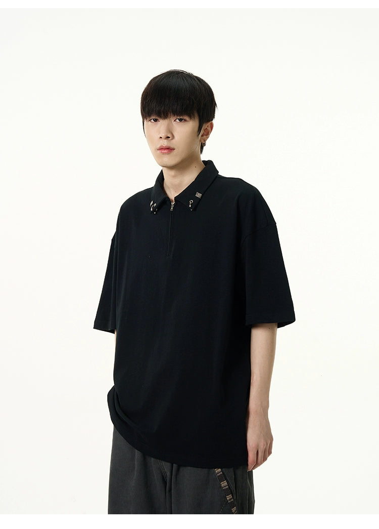 Metal Detail Half-Zip Polo Korean Street Fashion Polo By 77Flight Shop Online at OH Vault