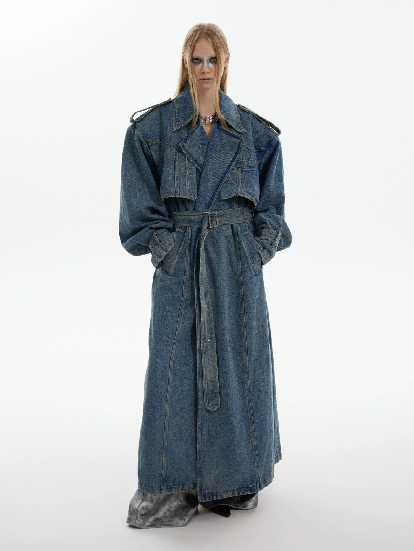 Structured & Washed Denim Trench Coat Korean Street Fashion Long Coat By Argue Culture Shop Online at OH Vault