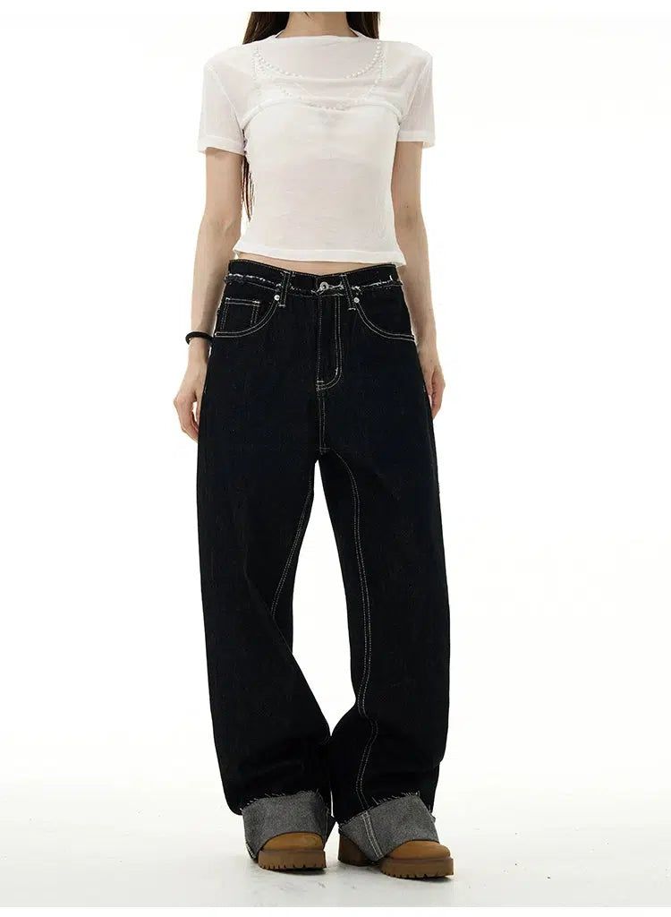 Folded Waist Straight Jeans Korean Street Fashion Jeans By 77Flight Shop Online at OH Vault