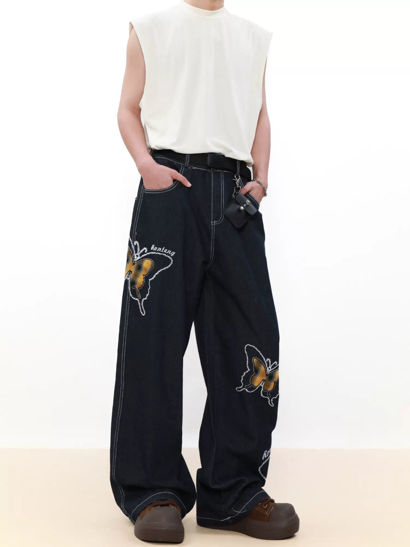 Stitched Plaid Butterflies Jeans Korean Street Fashion Jeans By Mr Nearly Shop Online at OH Vault