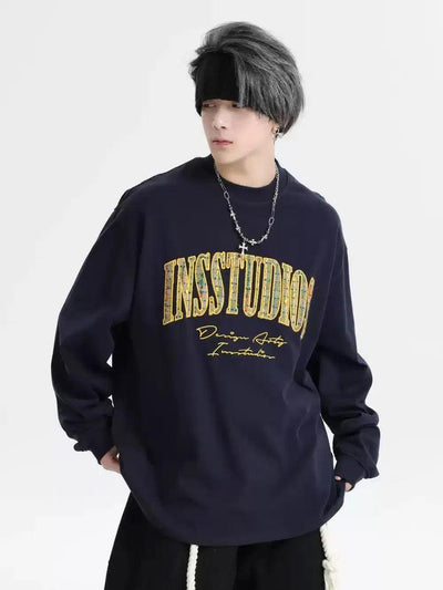 Patched & Embroidered Logo Long Sleeve T-Shirt Korean Street Fashion T-Shirt By INS Korea Shop Online at OH Vault