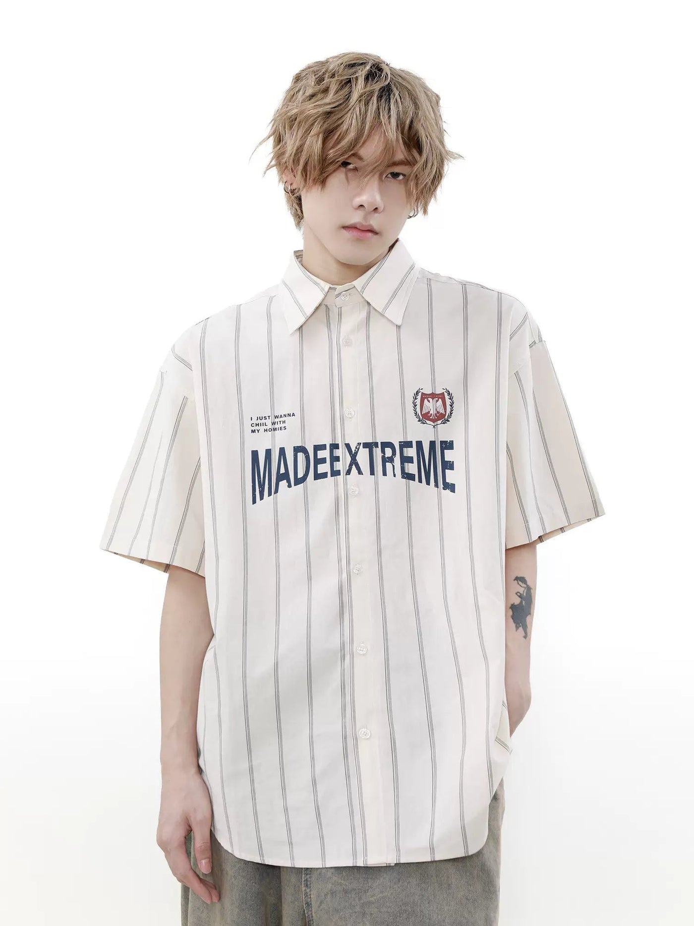 Text Print Striped Shirt Korean Street Fashion Shirt By Mr Nearly Shop Online at OH Vault