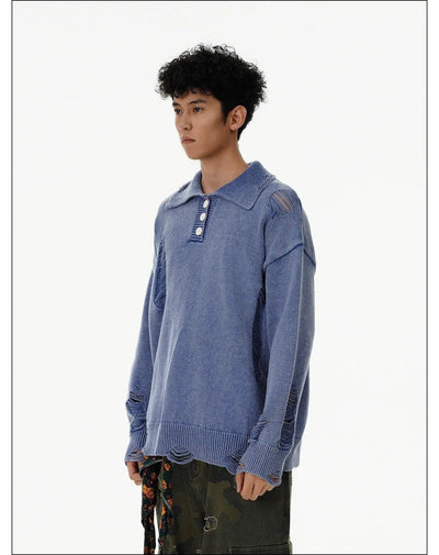 Washed Ripped Hole Knit Polo Korean Street Fashion Polo By Mr Nearly Shop Online at OH Vault