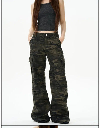 Dark Camouflage Flared Cargo Pants Korean Street Fashion Pants By 77Flight Shop Online at OH Vault