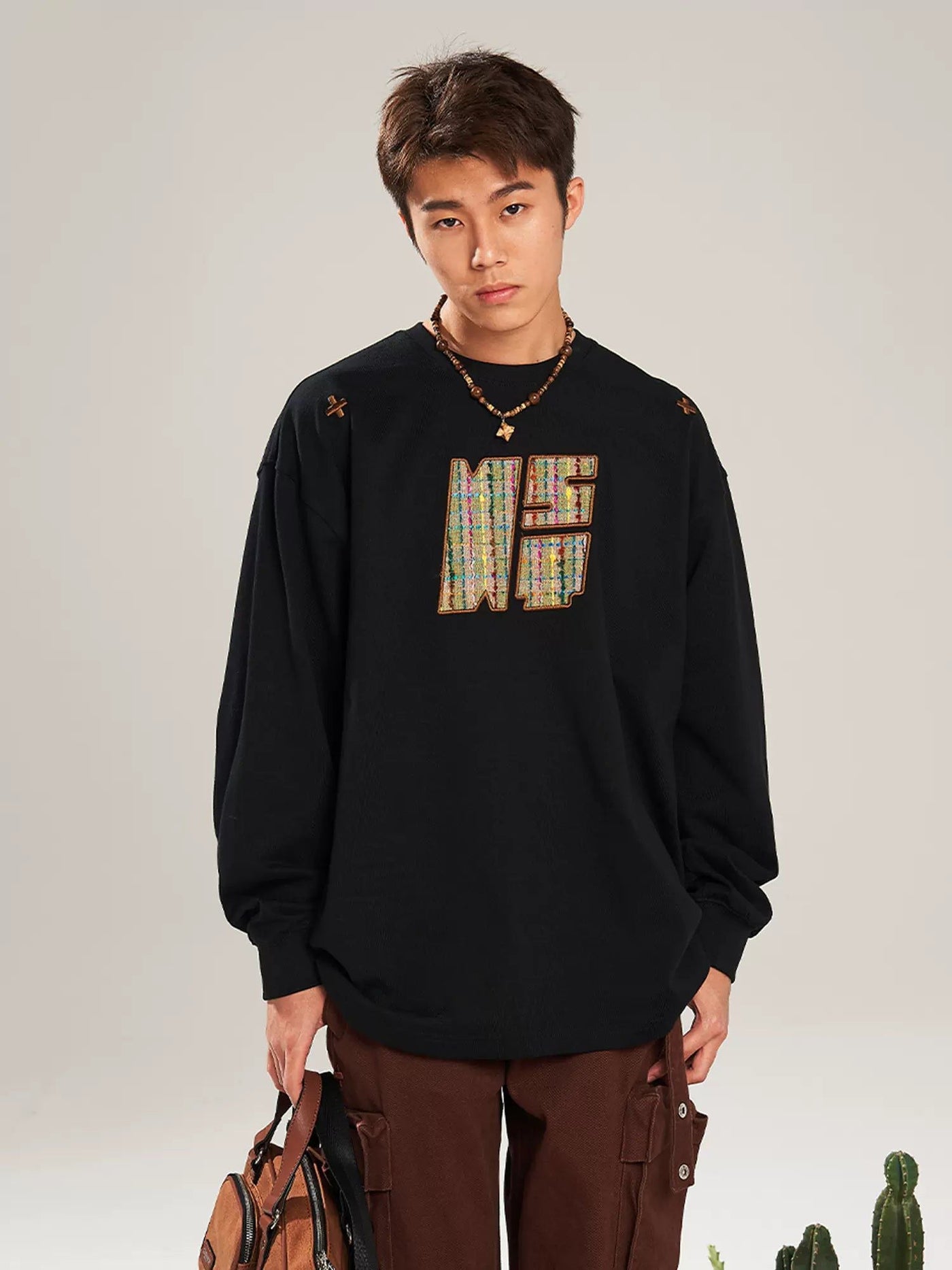 Stitched Pattern Detail Crewneck Korean Street Fashion Crewneck By New Start Shop Online at OH Vault