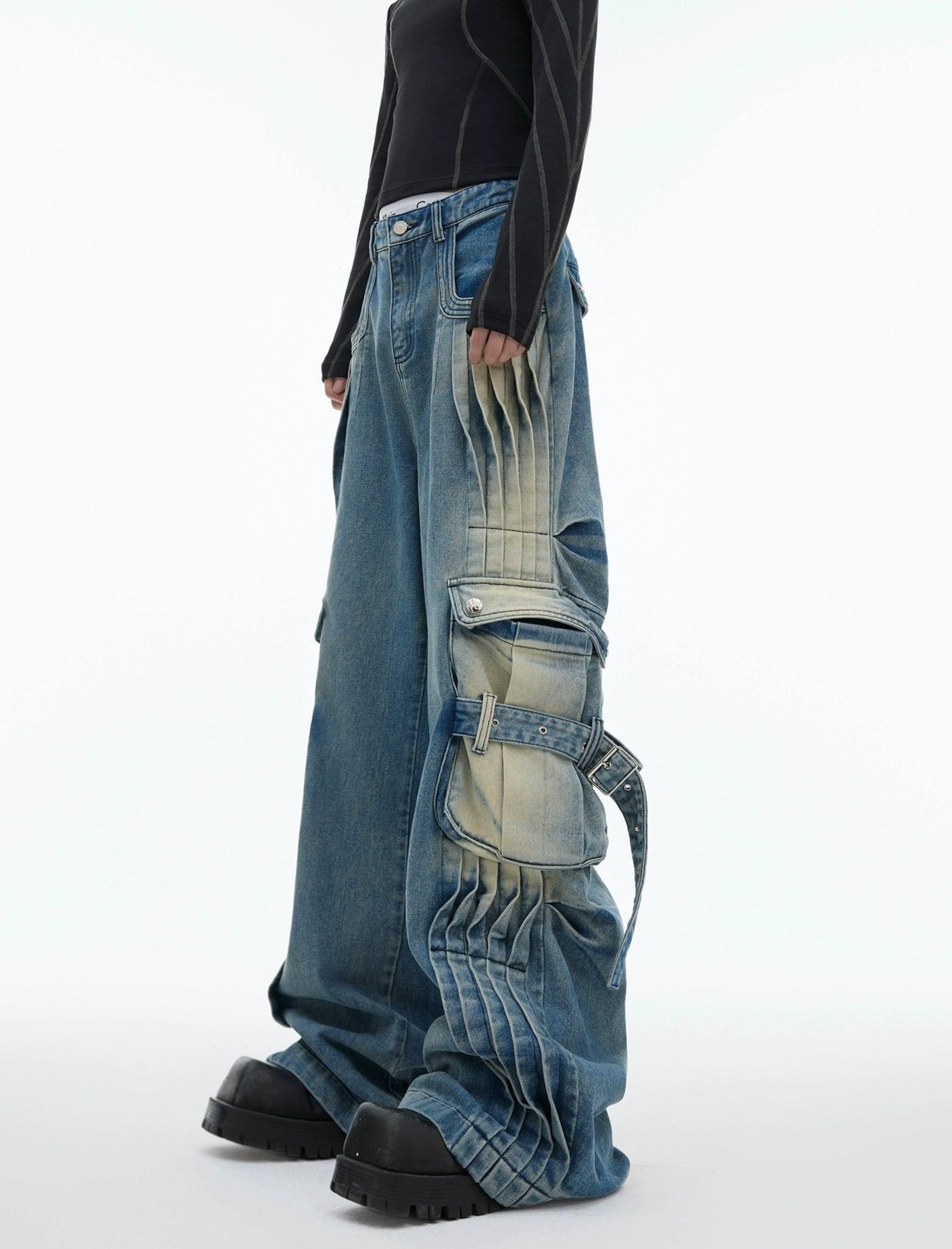 Multi-Detail Pleated and Faded Jeans Korean Street Fashion Jeans By Argue Culture Shop Online at OH Vault